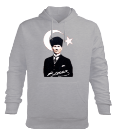 Mustafa Kemal Atatürk imzalı Baskılı Gri Erkek Kapüşonlu Hoodie Sweatshirt