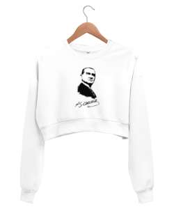 Mustafa Kemal Atatürk Resmi Ve İmzası Beyaz Kadın Crop Sweatshirt