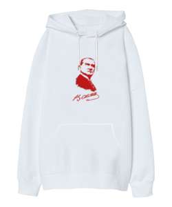 Mustafa Kemal Atatürk Resmi Ve İmzası Beyaz Oversize Unisex Kapüşonlu Sweatshirt