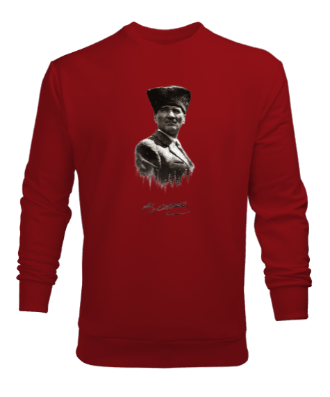 Mustafa Kemal Atatürk Siluet Ve İmzalı Kırmızı Erkek Sweatshirt - Tisho