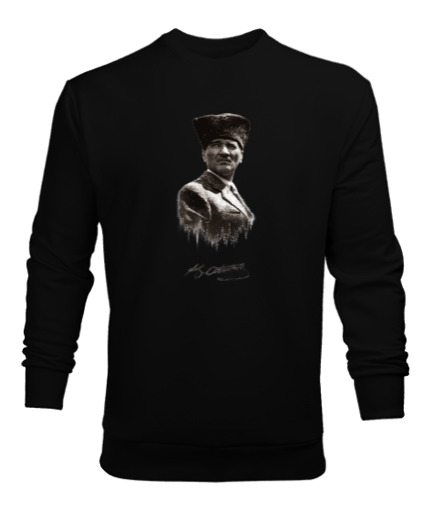 Mustafa Kemal Atatürk Siluet Ve İmzalı Siyah Erkek Sweatshirt - Tisho