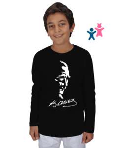 Mustafa Kemal Atatürk ve İmzası V2 Siyah Çocuk Unisex Uzunkollu