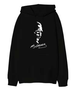 Mustafa Kemal Atatürk ve İmzası V2 Siyah Oversize Unisex Kapüşonlu Sweatshirt