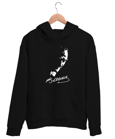 Tisho - Mustafa Kemal Atatürk Ve İmzası V2 Siyah Unisex Kapşonlu Sweatshirt