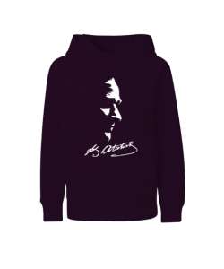 Mustafa Kemal Atatürk ve İmzası V4 Koyu Mor Çocuk Unisex Hoodie Kapüşonlu