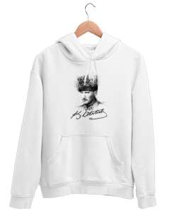 Mustafa Kemal Atatürk ve İmzası V5 Beyaz Unisex Kapşonlu Sweatshirt