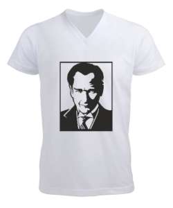 Mustafa Kemal Atatürk Vektörel Beyaz Erkek Kısa Kol V Yaka Tişört