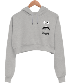 Mutlu ama değil tasarım Kadın Crop Hoodie Kapüşonlu Sweatshirt