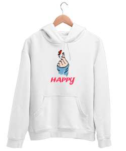 Mutlu et kendini Beyaz Unisex Kapşonlu Sweatshirt