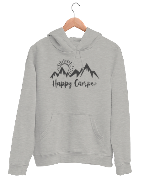 Tisho - Mutlu Kampçı - Happy Camper - Doğa Gri Unisex Kapşonlu Sweatshirt