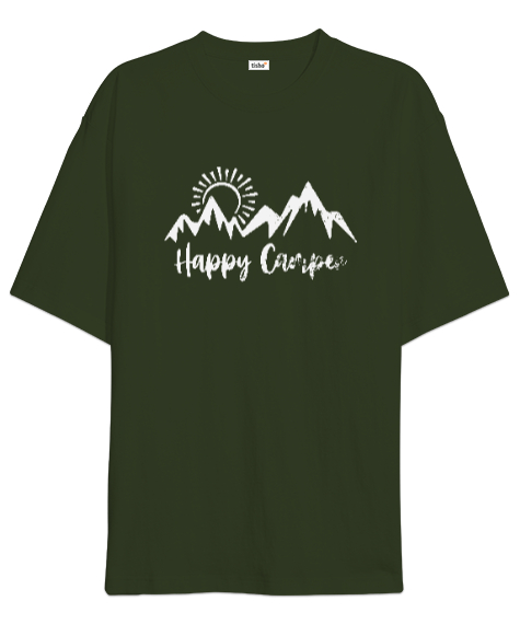 Tisho - Mutlu Kampçı - Happy Camper - Doğa Haki Yeşili Oversize Unisex Tişört