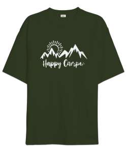 Mutlu Kampçı - Happy Camper - Doğa Haki Yeşili Oversize Unisex Tişört