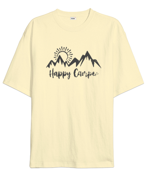 Tisho - Mutlu Kampçı - Happy Camper - Doğa Krem Oversize Unisex Tişört