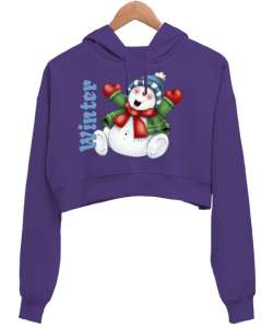 Mutlu Kardan Adam Mor Kadın Crop Hoodie Kapüşonlu Sweatshirt