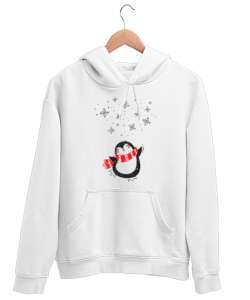 Mutlu Penguen Beyaz Unisex Kapşonlu Sweatshirt