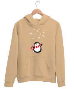 Mutlu Penguen Camel Unisex Kapşonlu Sweatshirt