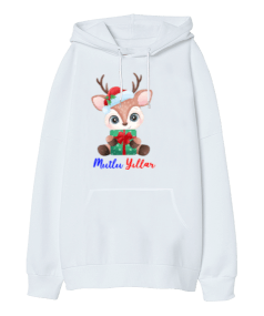 Mutlu yeni yıl geyiği Oversize Unisex Kapüşonlu Sweatshirt