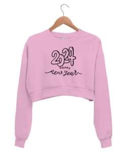 Mutlu Yıllar, 2024, Yeni Yıl Özel Pembe Kadın Crop Sweatshirt