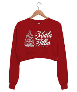 Mutlu Yillar Kırmızı Kadın Crop Sweatshirt