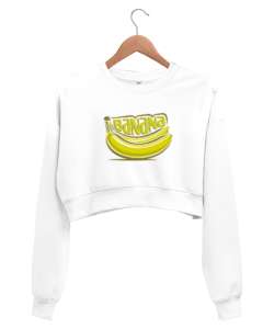 Muz baskılı Beyaz Kadın Crop Sweatshirt