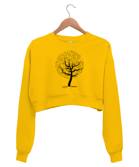 Müzik Ağacı - Notalar Sarı Kadın Crop Sweatshirt