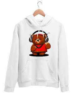 Müzik Dinleyen Ayı Beyaz Unisex Kapşonlu Sweatshirt