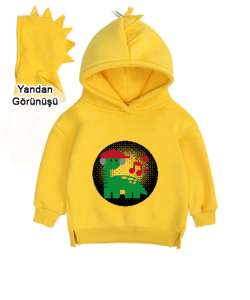  Müzik Dinleyen Dinozor Sarı Çocuk Dinozor Kapşonlu Hoodie