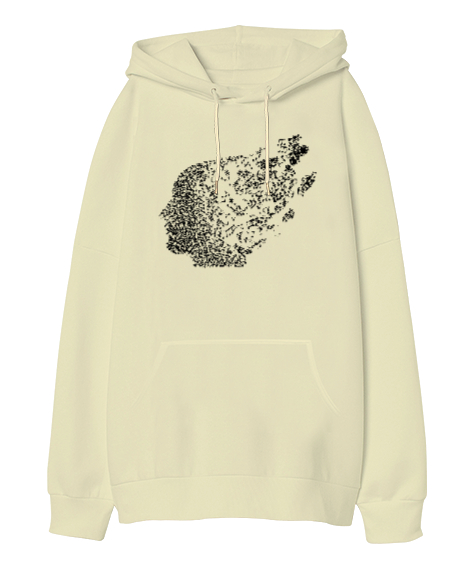 Müzik Kafası - Notalar Krem Oversize Unisex Kapüşonlu Sweatshirt