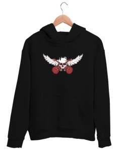 Müzik Kafası - Skull - Gitar - Kanatlar Siyah Unisex Kapşonlu Sweatshirt