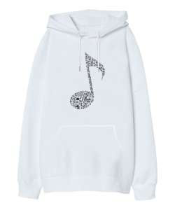 Müzik Nota Baskılı Beyaz Oversize Unisex Kapüşonlu Sweatshirt