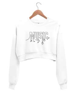 Müzik ve İkonlar- Music Beyaz Kadın Crop Sweatshirt