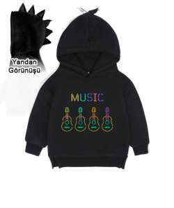 Müzik Yazılı Siyah Çocuk Dinozor Kapşonlu Hoodie