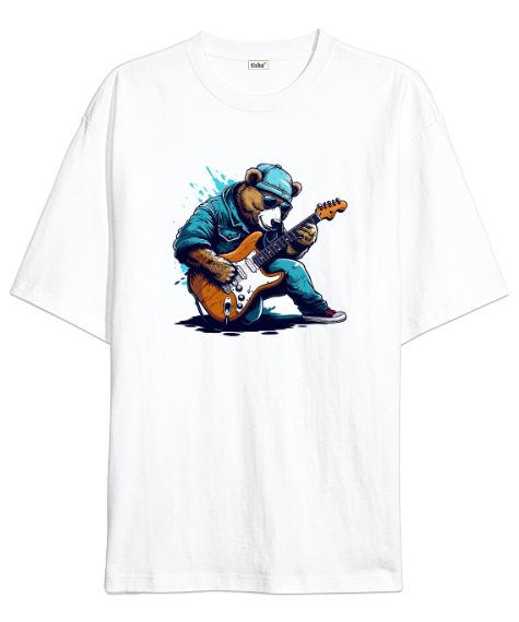 Tisho - Müzisyen Gitarist Ayı - Bear Rock And Roll Beyaz Oversize Unisex Tişört