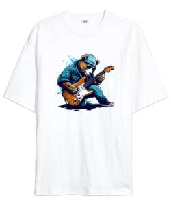 Müzisyen Gitarist Ayı - Bear Rock And Roll Beyaz Oversize Unisex Tişört