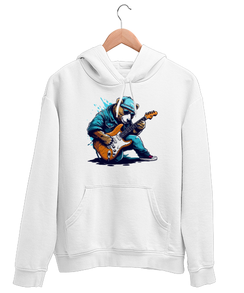 Tisho - Müzisyen Gitarist Ayı - Bear Rock And Roll Beyaz Unisex Kapşonlu Sweatshirt