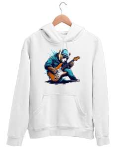 Müzisyen Gitarist Ayı - Bear Rock And Roll Beyaz Unisex Kapşonlu Sweatshirt