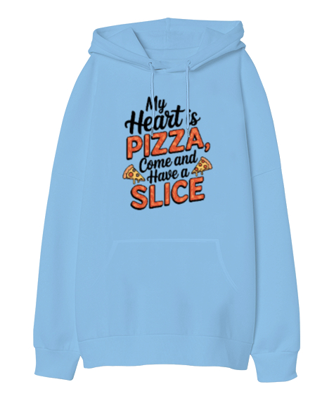 Tisho - My Heart is Pizza Buz Mavisi Oversize Unisex Kapüşonlu Sweatshirt