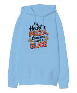 My Heart is Pizza Buz Mavisi Oversize Unisex Kapüşonlu Sweatshirt