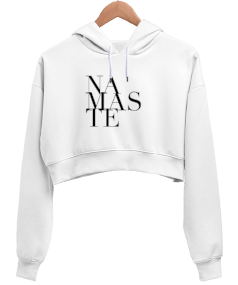 Namaste Baskılı Beyaz Kadın Crop Hoodie Kapüşonlu Sweatshirt