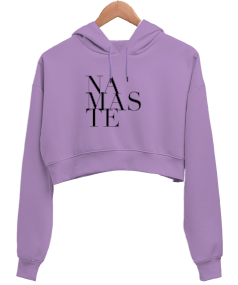 Namaste Baskılı Lila Kadın Crop Hoodie Kapüşonlu Sweatshirt