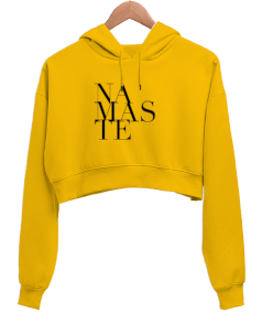 Namaste Baskılı Sarı Kadın Crop Hoodie Kapüşonlu Sweatshirt