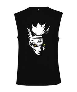 Naruto Anime Tasarım Baskılı Siyah Kesik Kol Unisex Tişört