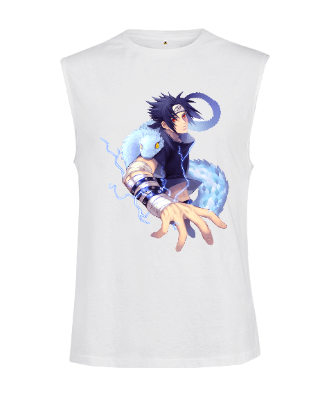 Tisho - Naruto Anime Uchiha Sasuke Baskılı Kesik Kol Unisex Tişört