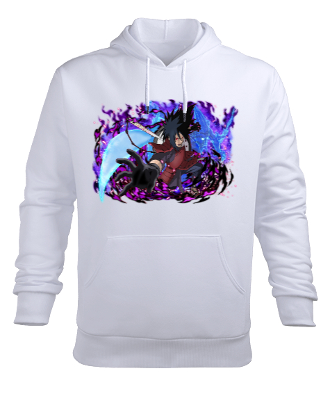 Naruto Uchiha Madara Mor Menekşe Beyaz Erkek Kapüşonlu Hoodie Sweatshirt