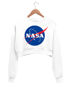 nasa baskılı beyaz bayan crop Kadın Crop Sweatshirt