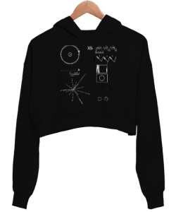 NASA Voyager Tasarım Baskılı Siyah Kadın Crop Hoodie Kapüşonlu Sweatshirt