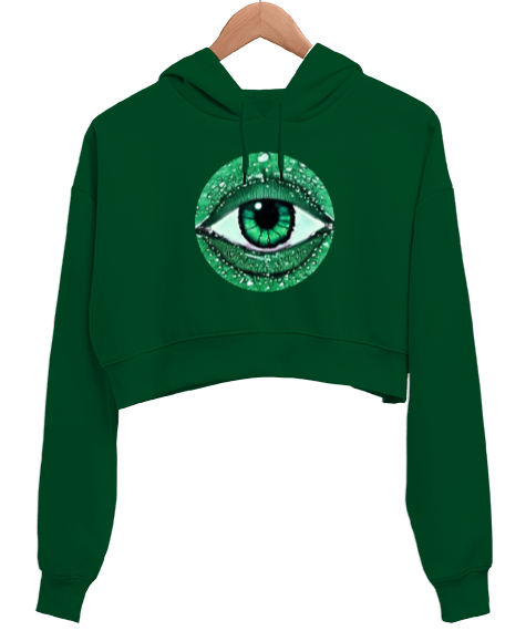 Tisho - Nazar Çimen Yeşili Kadın Crop Hoodie Kapüşonlu Sweatshirt