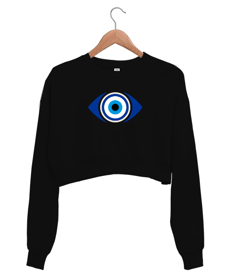 Tisho - Nazar Değmesin - Nazarlık V3 Siyah Kadın Crop Sweatshirt