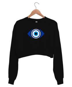 Nazar Değmesin - Nazarlık V3 Siyah Kadın Crop Sweatshirt