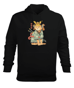 Neko Samurai Kedi Japon Baskılı Siyah Erkek Kapüşonlu Hoodie Sweatshirt